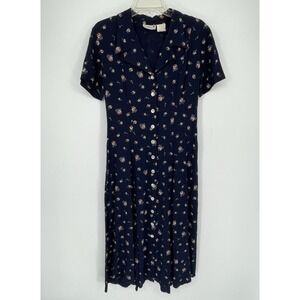 Scarlett Women's Vintage Navy Floral Lace-Up Back Button Up Midi Dress Size 10